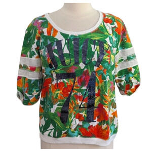 Juicy Couture Y2K Short Sleeve Sweatshirt Tee Green Floral Shiny 74 Logo Large